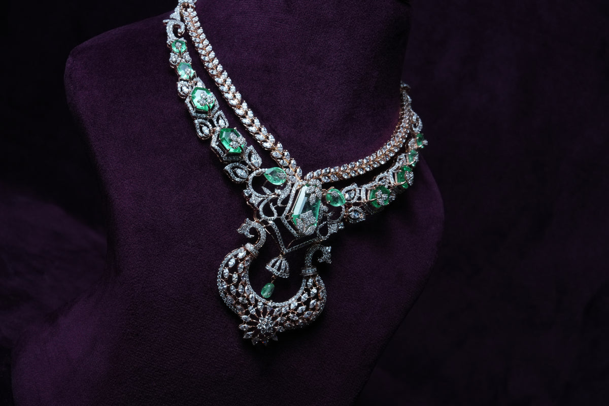 The Twin Peacock chandelier Emerald Necklace