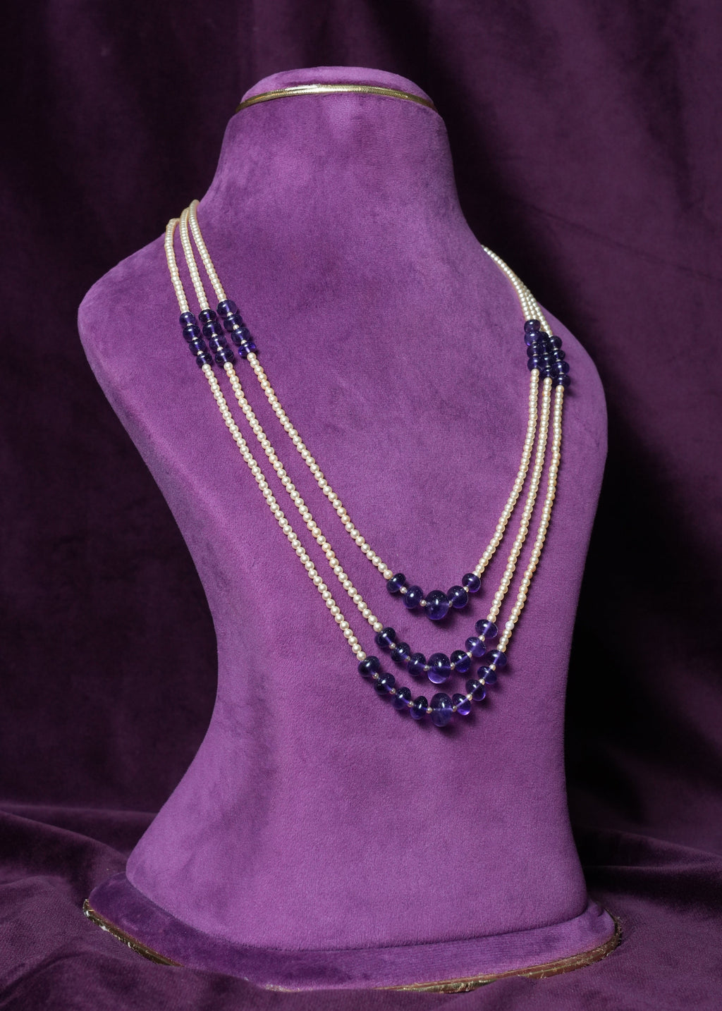 Triple Strand Amethyst Bead & Pearl Layered Mala