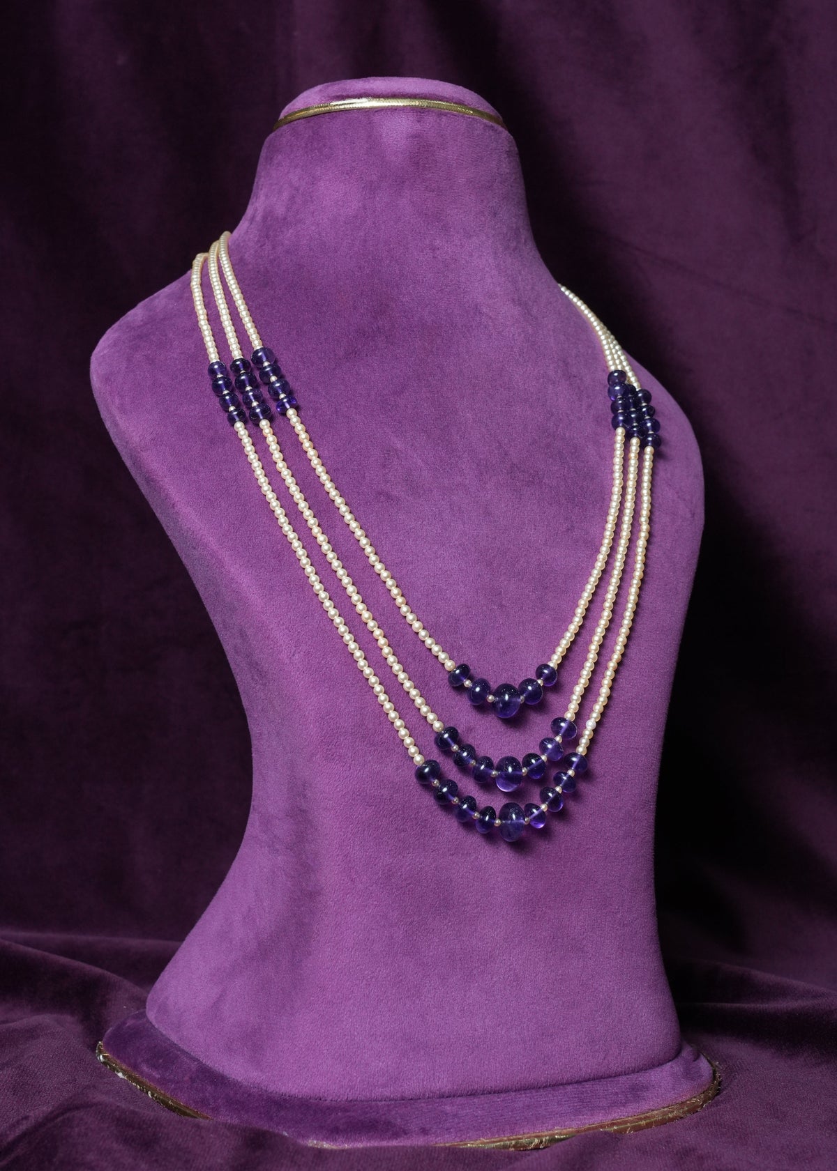 Triple Strand Amethyst Bead & Pearl Layered Mala