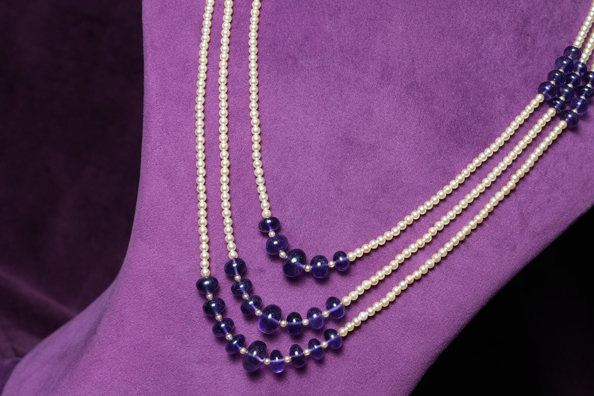 Triple Strand Amethyst Bead & Pearl Layered Mala