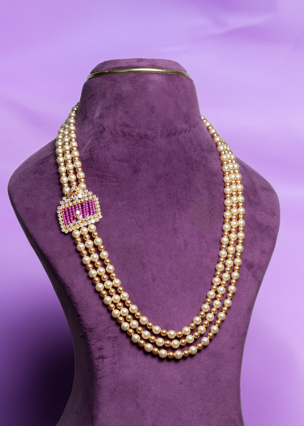 Three-Layer Asymmetrical Pink Sapphier Side Brooch and South Sea Pearls With Gold Pearls