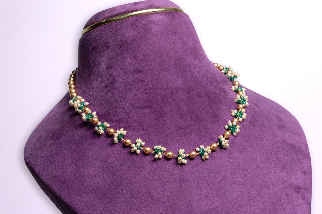 Traditional Beaded Floral Garland Woven Emerald and South Sea Pearl Blossom Choker