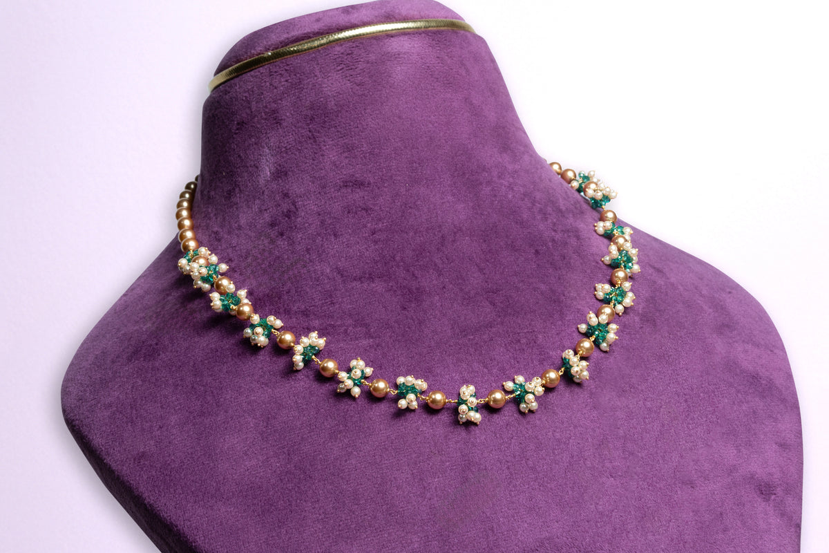 Traditional Beaded Floral Garland Woven Emerald and South Sea Pearl Blossom Choker